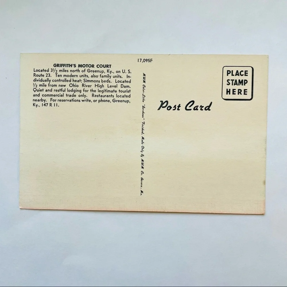 Vintage VTG Griffith’s Motor Court Greenup Kentucky USA Postcard